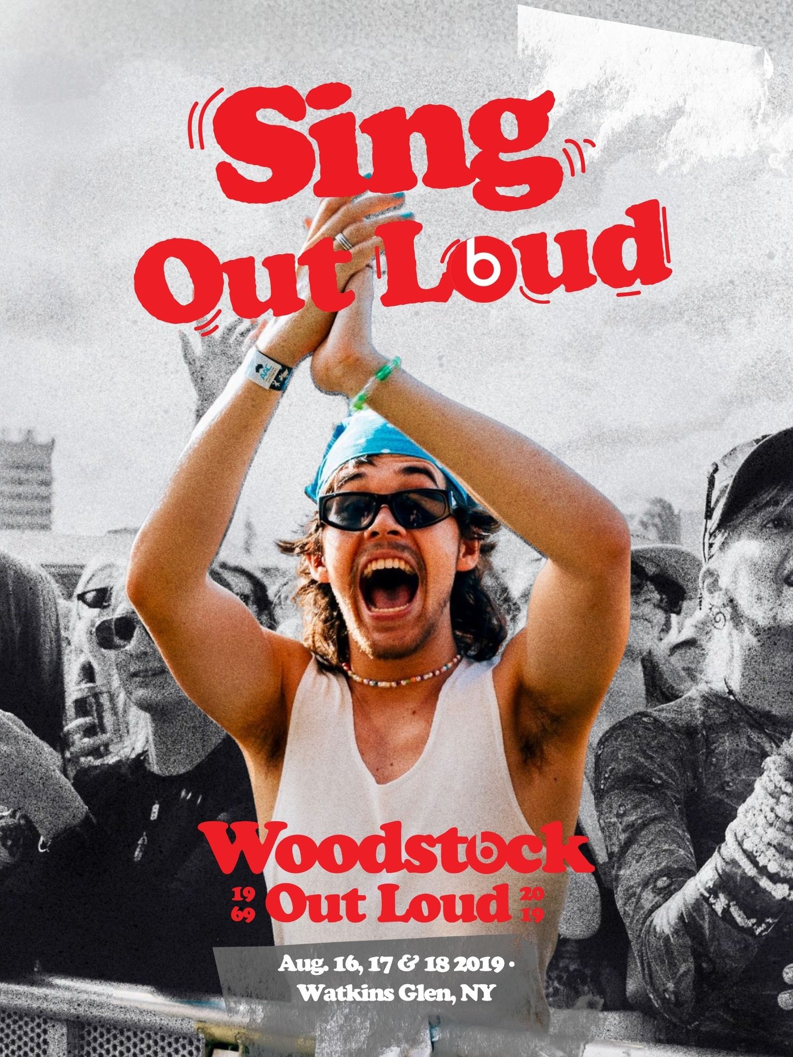 Sing Out Loud poster — festival-goer with raised arms, halftone treatment