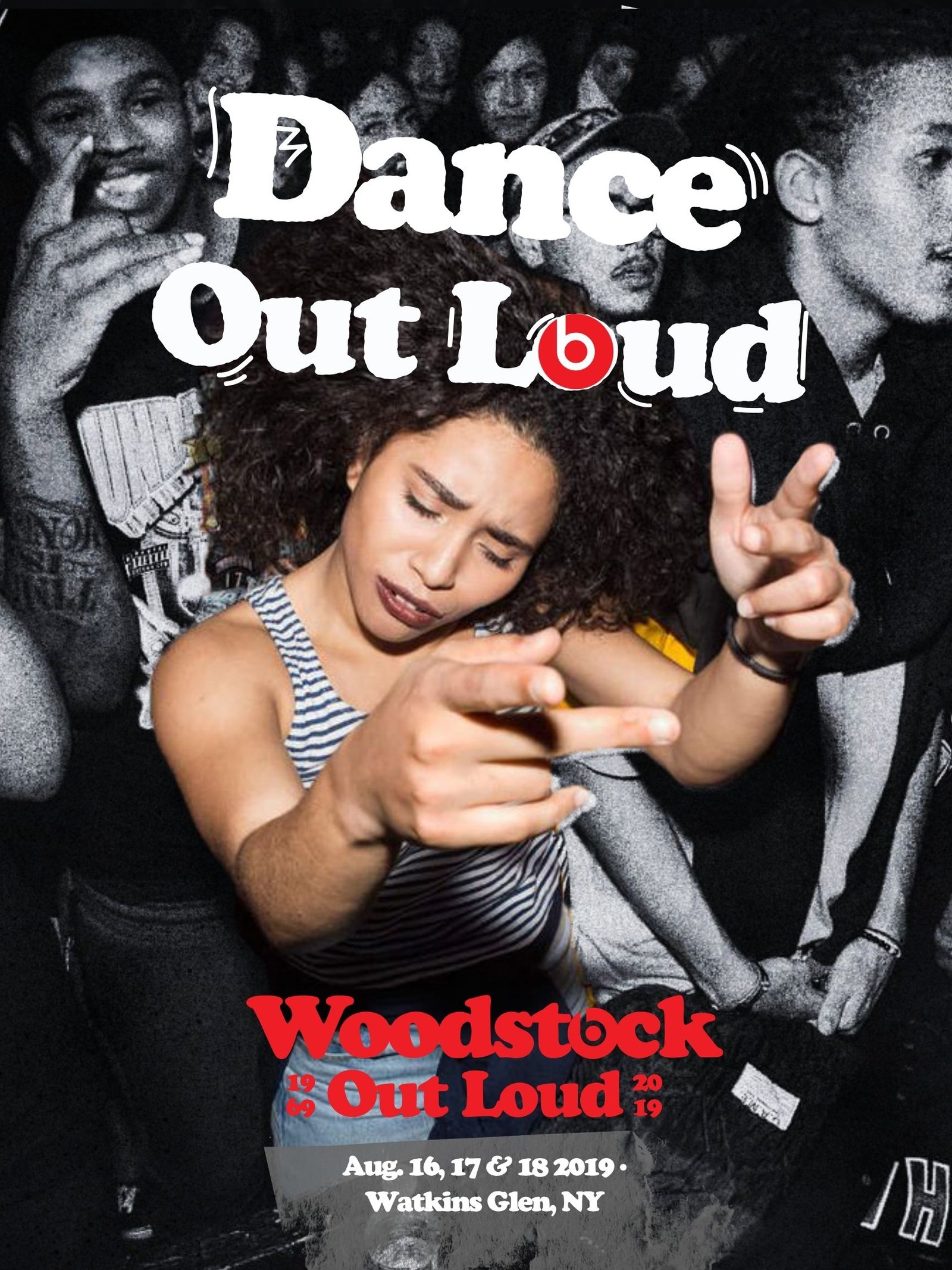 Dance Out Loud poster — dancer mid-motion, black and white with red Beats accent