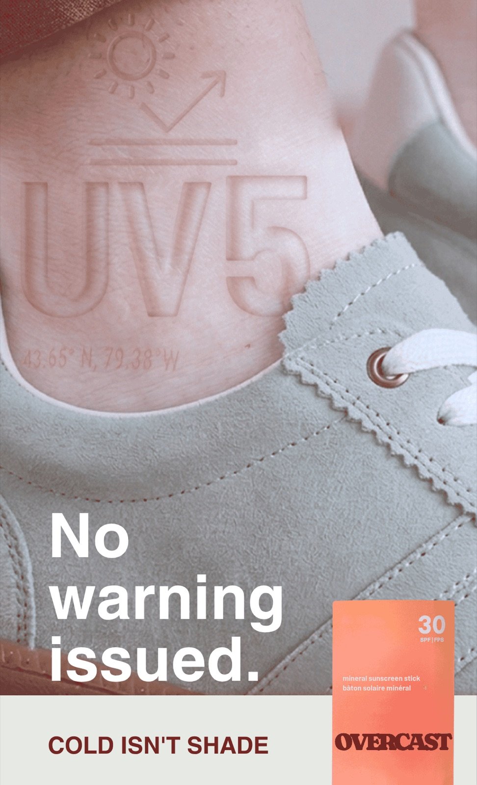 Poster — an ankle above a sneaker with UV 5 pressed into the skin. Caption reads No warning issued.