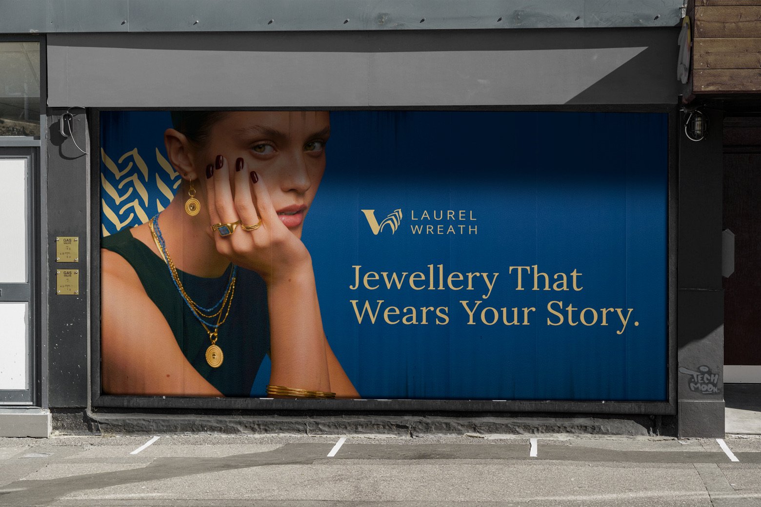 Laurel Wreath storefront billboard mockup, navy colourway