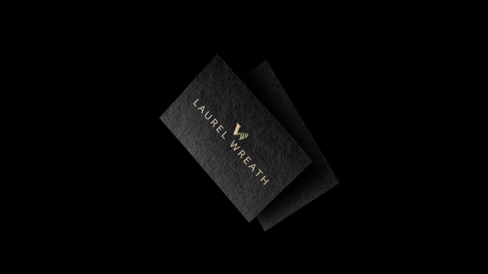 Laurel Wreath business card, black with gold foil logo