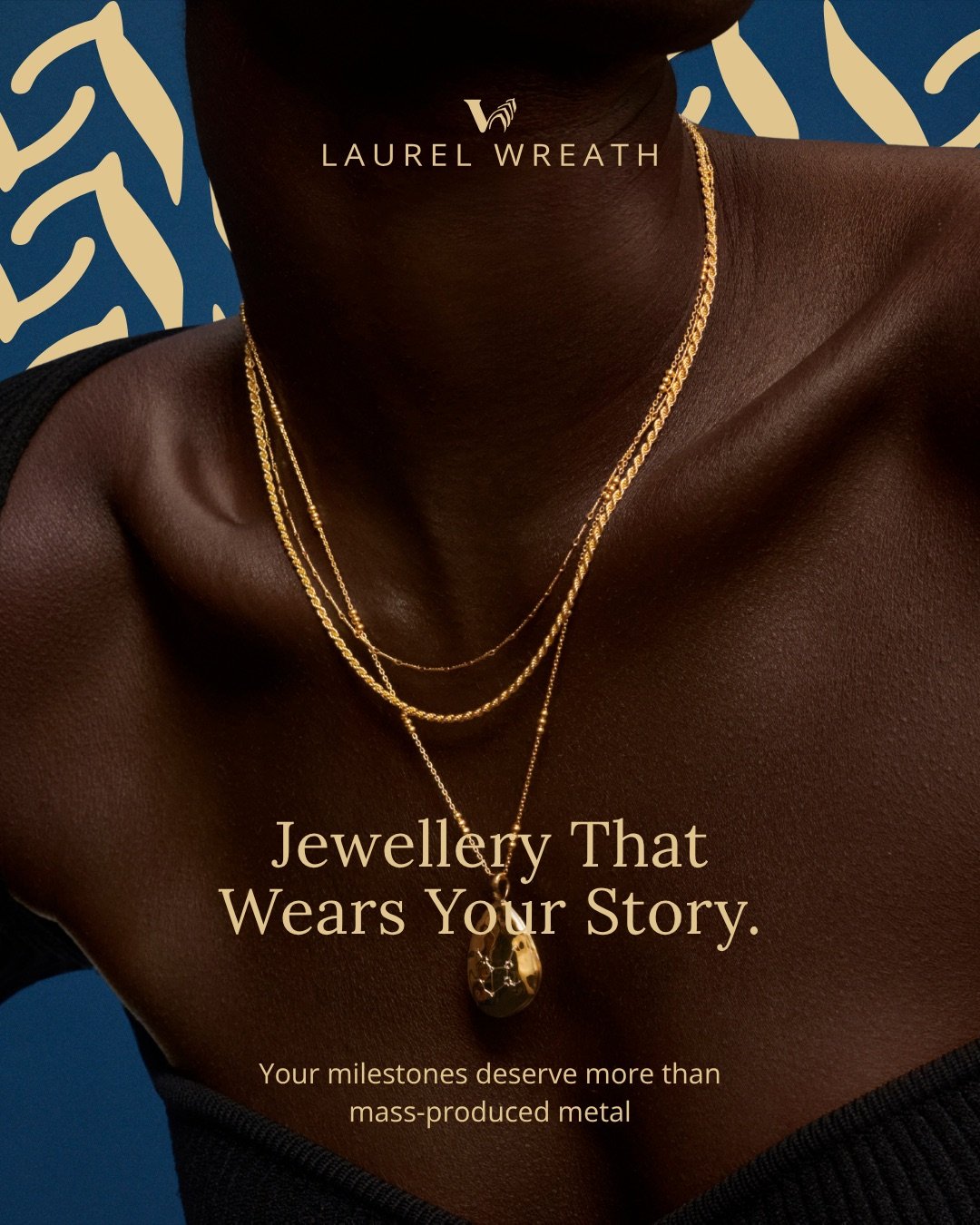 Laurel Wreath social ad, navy colourway — Jewellery That Wears Your Story