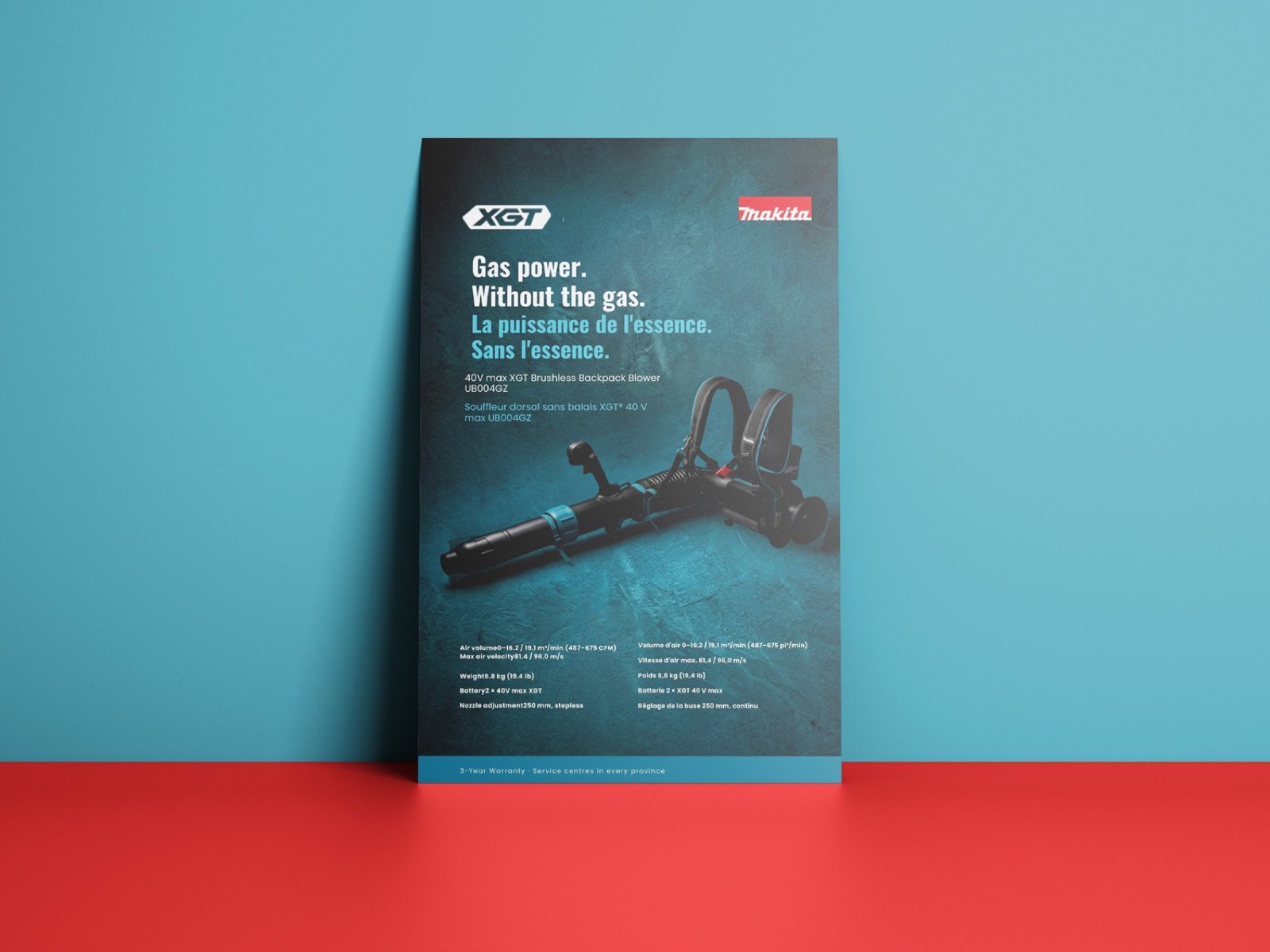 Makita dealer flyer — Gas power. Without the gas. — shown as a printed half-page sheet