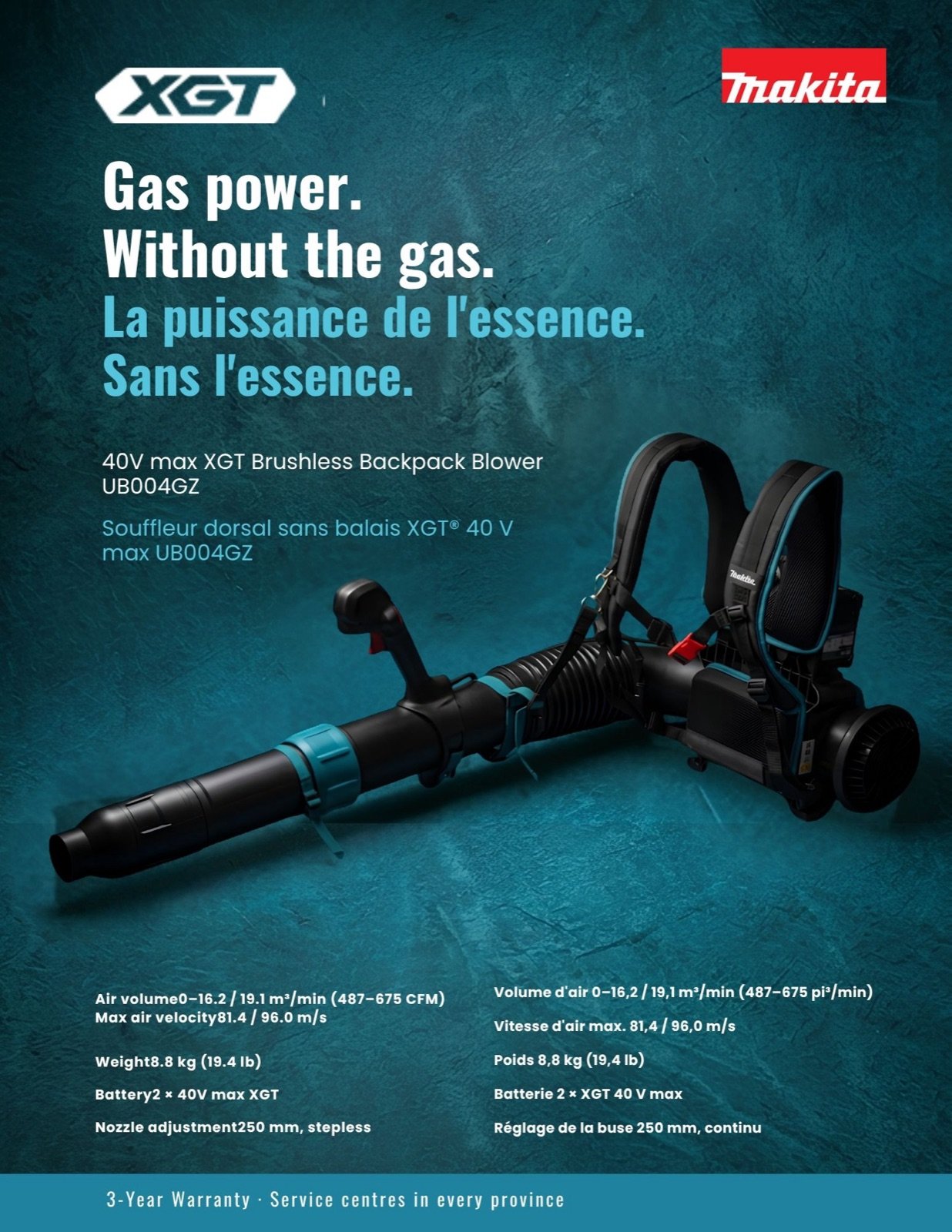 The dealer flyer in full — bilingual headline, product, and a two-column English and French spec table