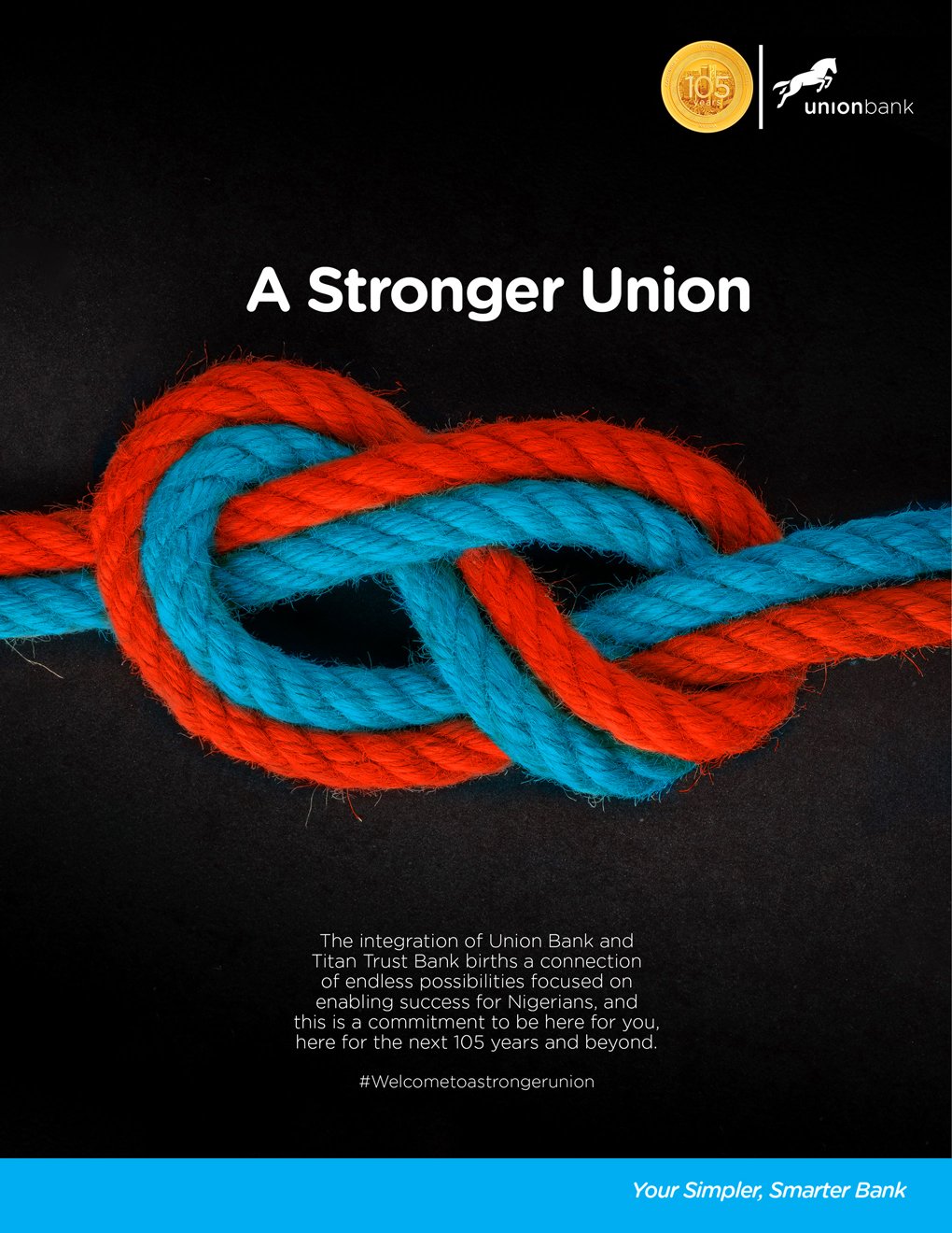 Final key visual — Hercules knot formed from one orange strand and one blue strand